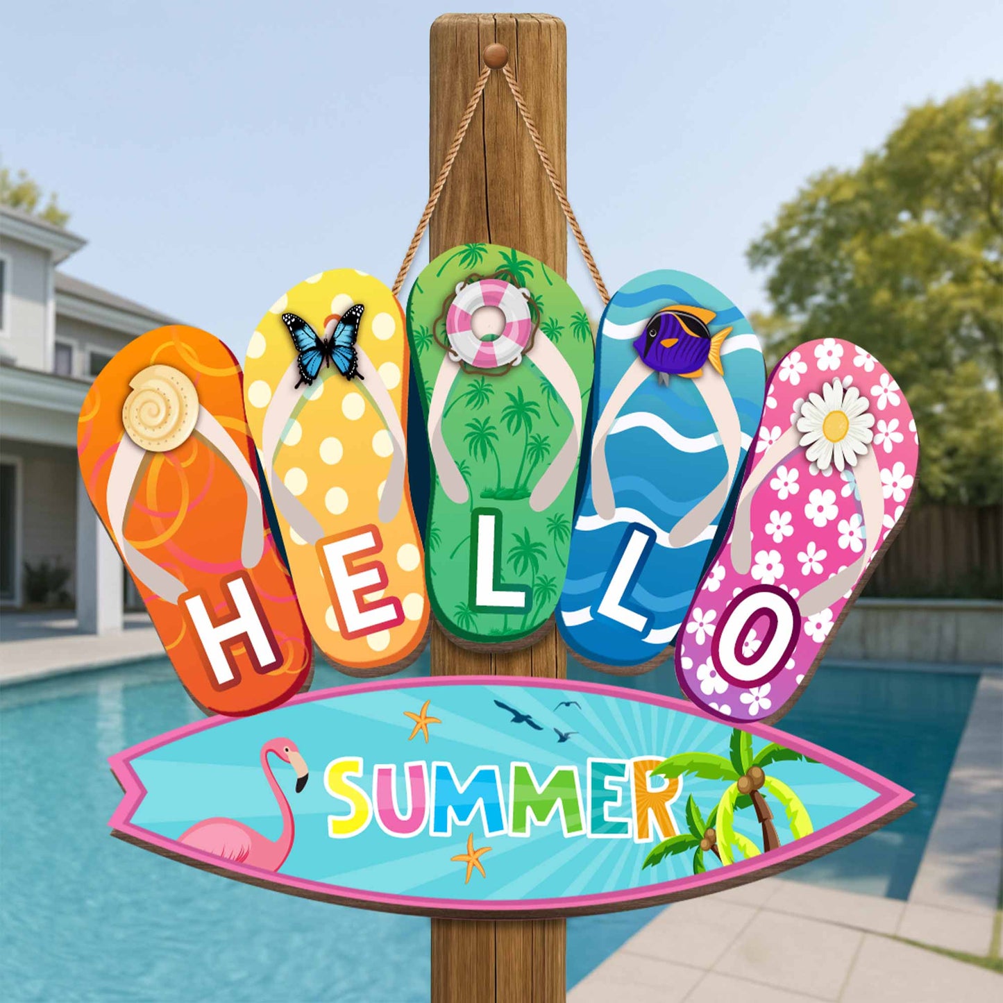 Hello Summer With Colorful Flip Flops And Flamingo