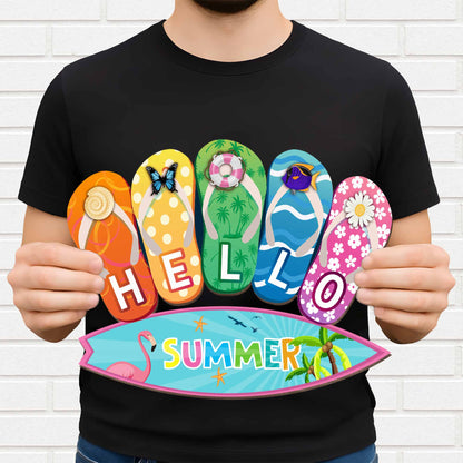 Hello Summer With Colorful Flip Flops And Flamingo