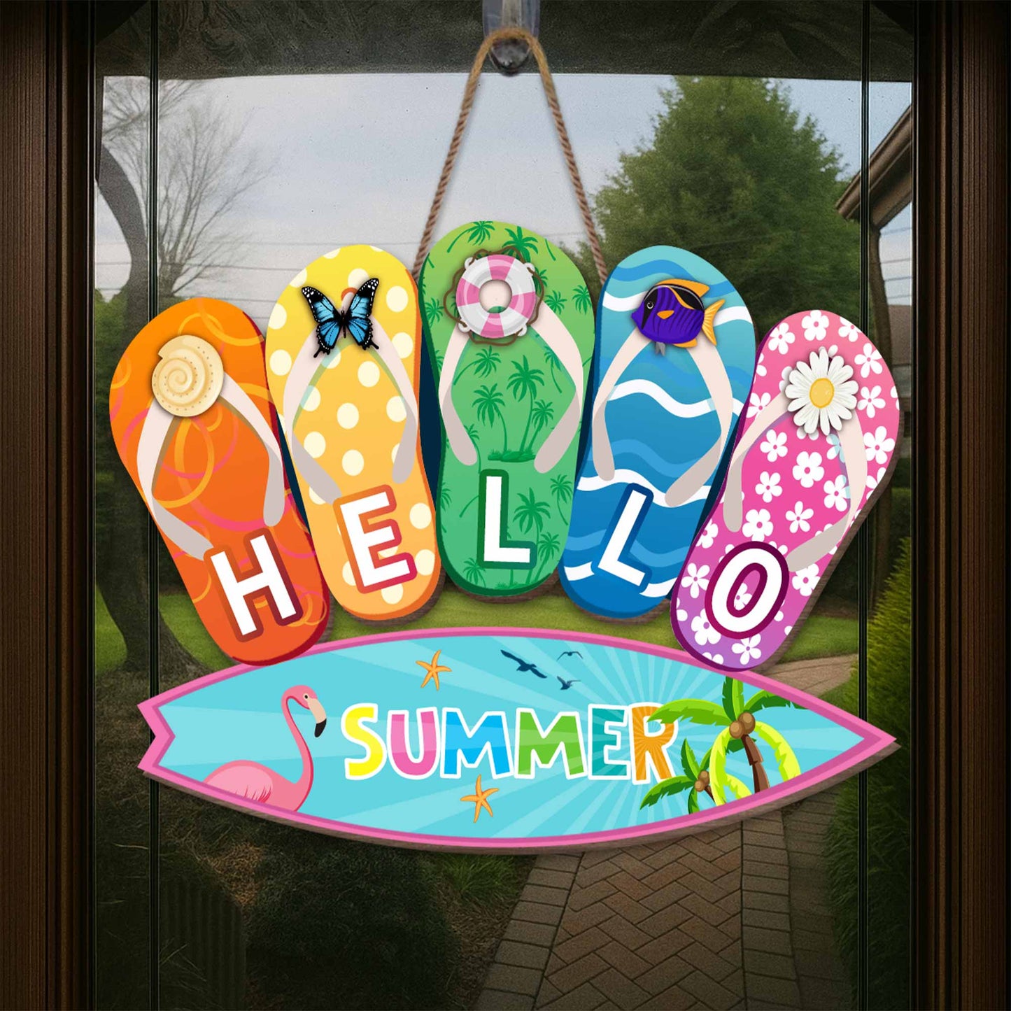 Hello Summer With Colorful Flip Flops And Flamingo