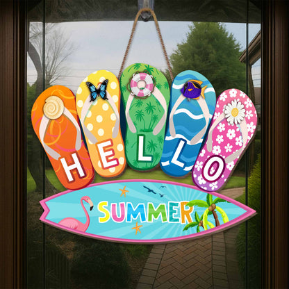 Hello Summer With Colorful Flip Flops And Flamingo