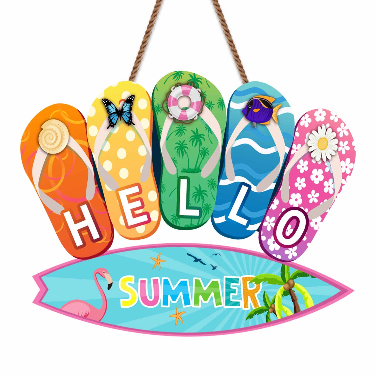 Hello Summer With Colorful Flip Flops And Flamingo