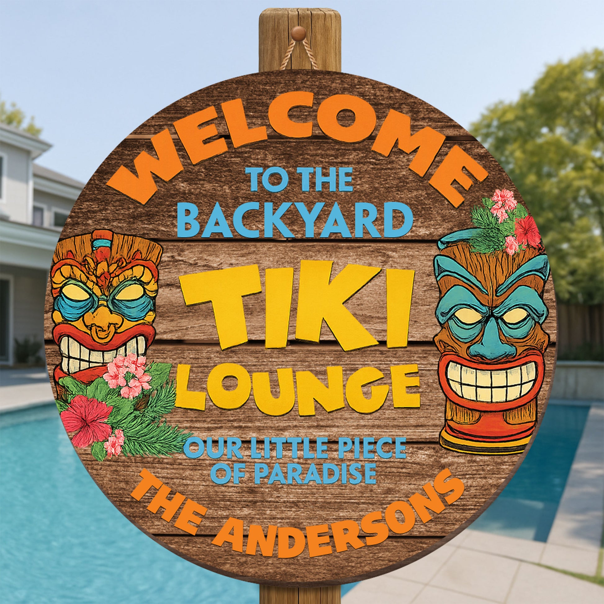 Welcome To The Backyard Tiki Lounge, Tiki Masks And Flowers