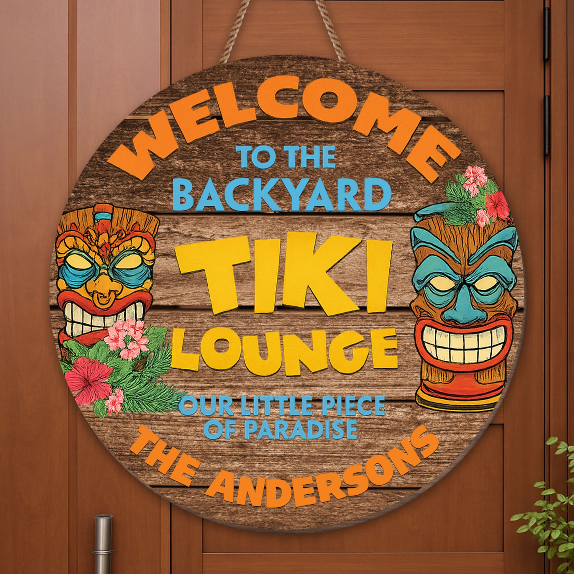 Welcome To The Backyard Tiki Lounge, Tiki Masks And Flowers