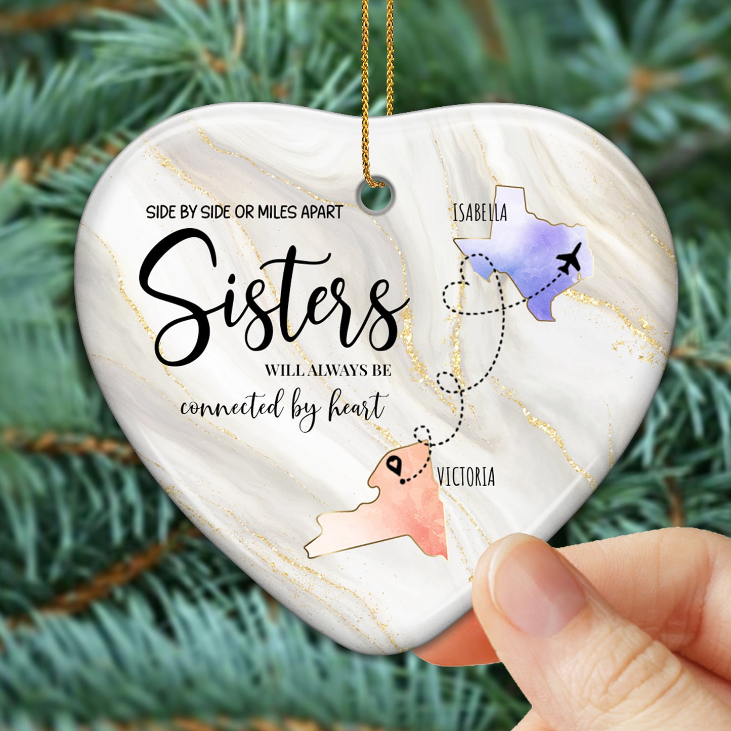 Sisters Will Always Be Connected By Heart - Personalized Custom Ceramic Ornament With Heart Shape - FAM063_HCE