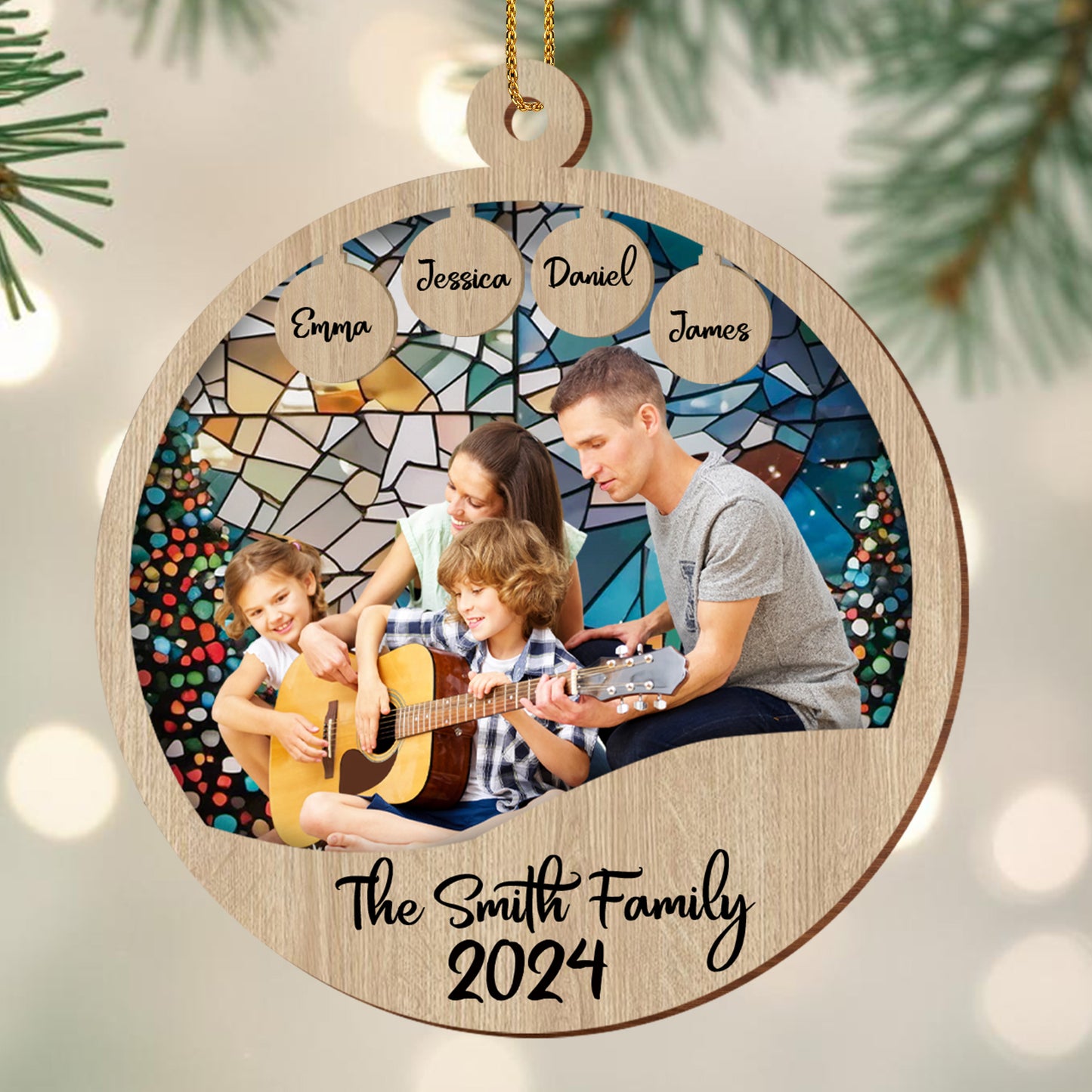 Cherishing Family Moments Together With Guitar And Mosaic Design - Personalized Custom Wood Ornament, Custom Shaped - FAM067_WDO