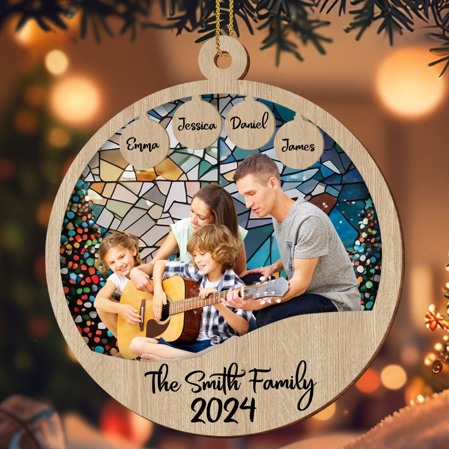 Cherishing Family Moments Together With Guitar And Mosaic Design - Personalized Custom Wood Ornament, Custom Shaped - FAM067_WDO