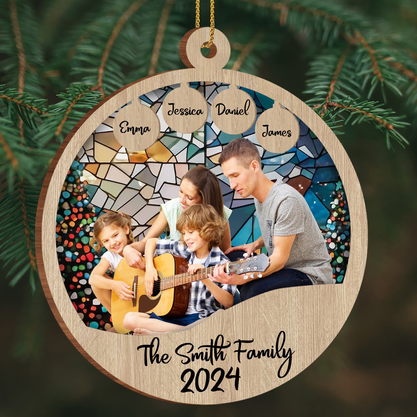 Cherishing Family Moments Together With Guitar And Mosaic Design - Personalized Custom Wood Ornament, Custom Shaped - FAM067_WDO