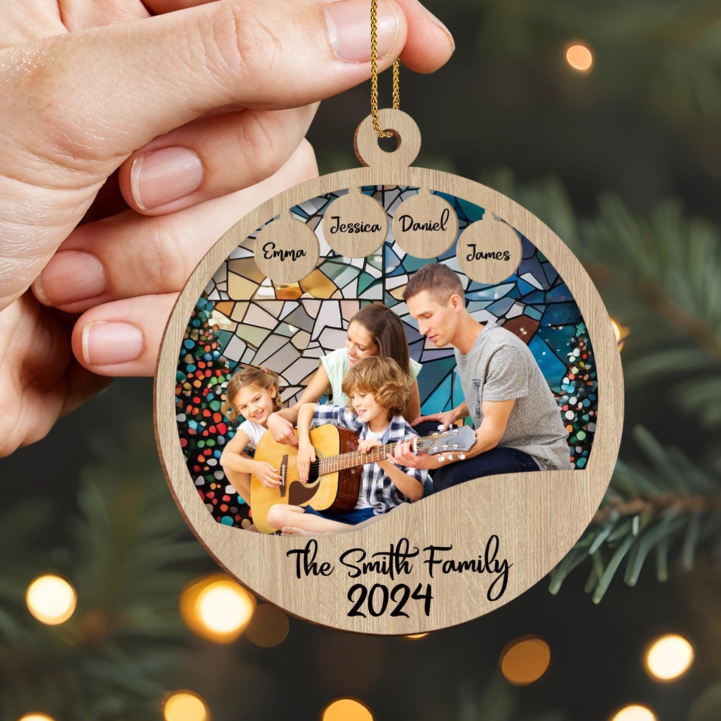 Cherishing Family Moments Together With Guitar And Mosaic Design - Personalized Custom Wood Ornament, Custom Shaped - FAM067_WDO