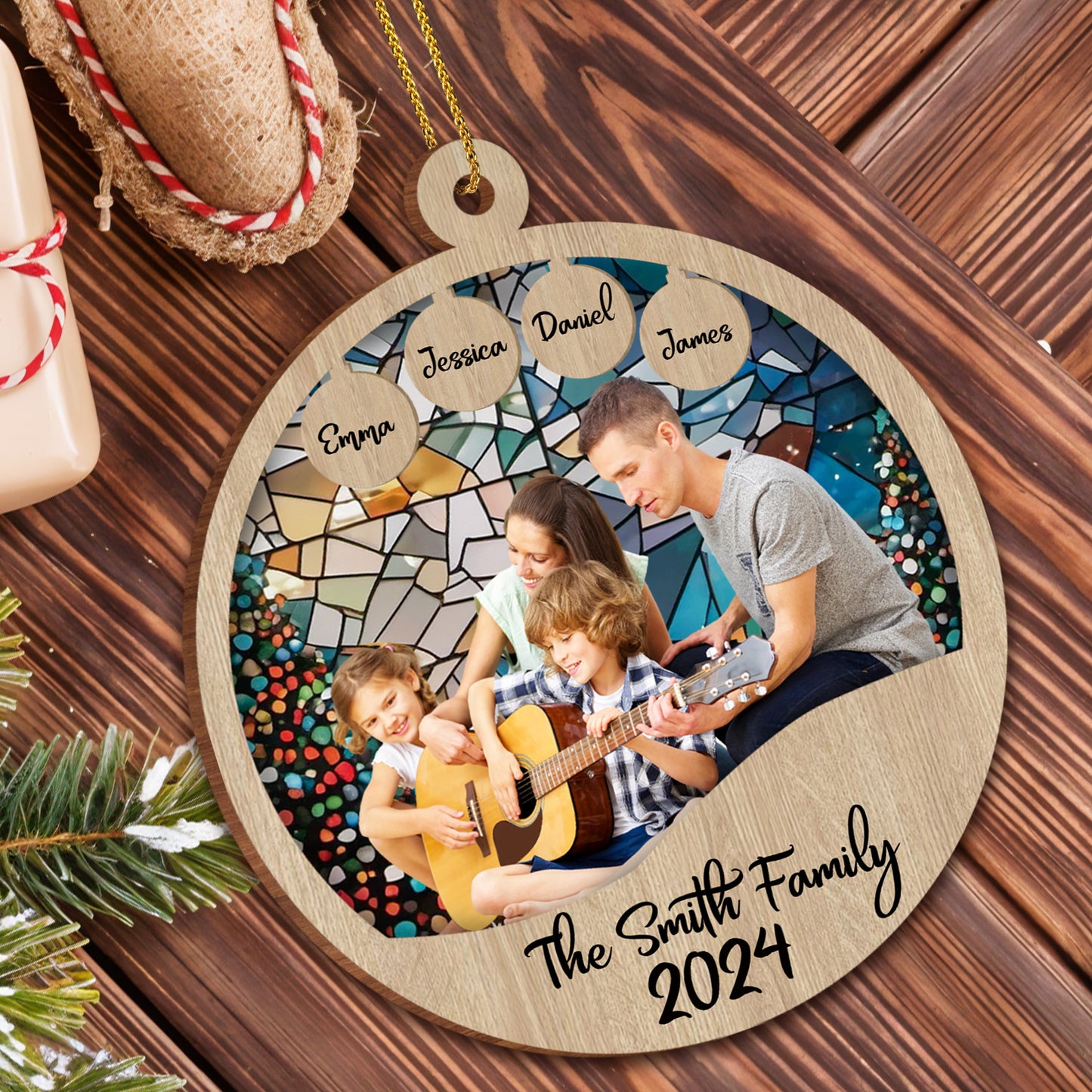 Cherishing Family Moments Together With Guitar And Mosaic Design - Personalized Custom Wood Ornament, Custom Shaped - FAM067_WDO