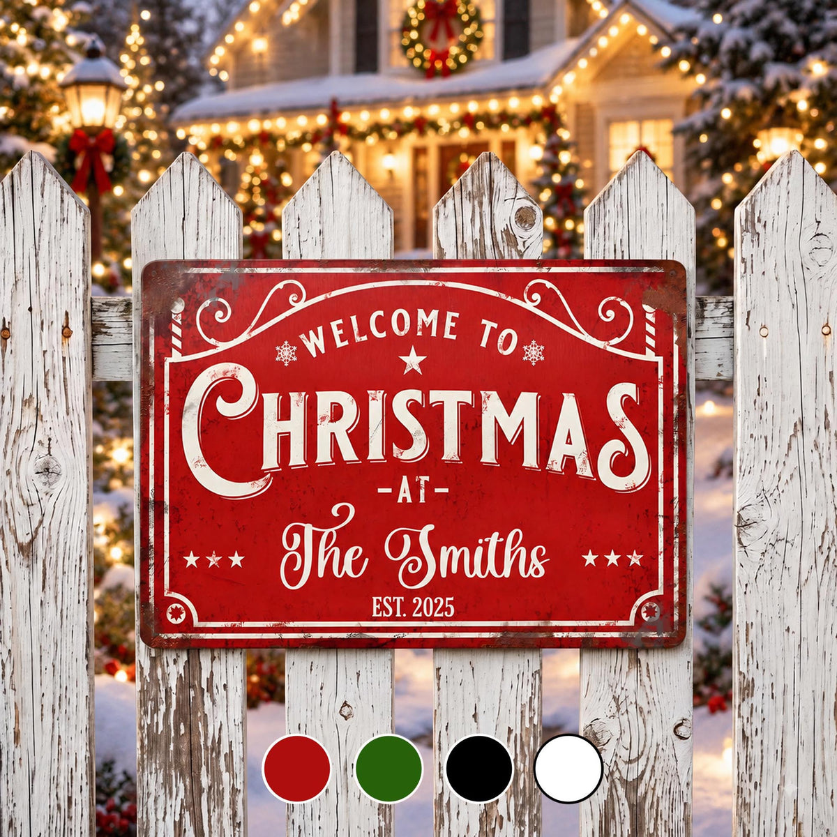 Welcome To Christmas At Our Family Est With Stars And Snowflakes - Personalized Metal Sign - FAM072_USMSIGN