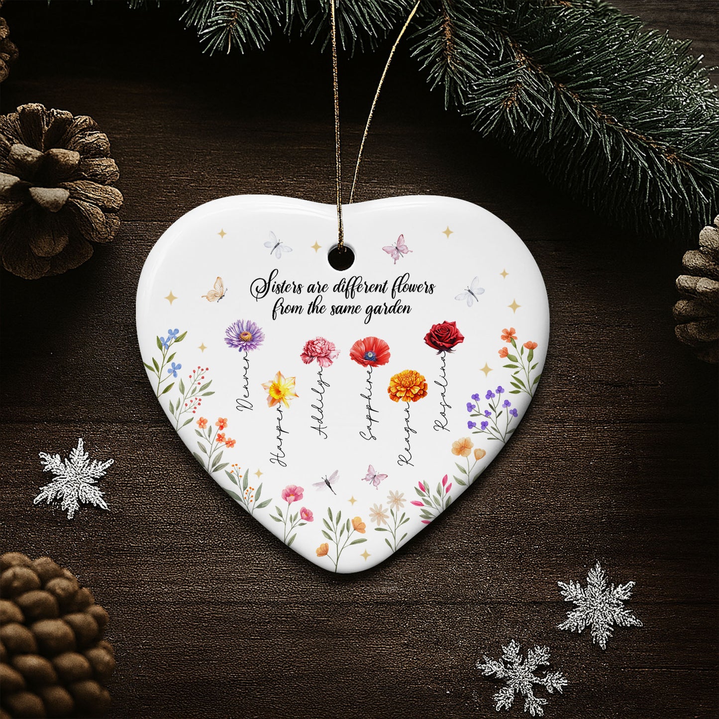 Sisters Are Different Flowers From The Same Garden - Personalized Custom Ceramic Ornament With Heart Shape - FAM078_HCE
