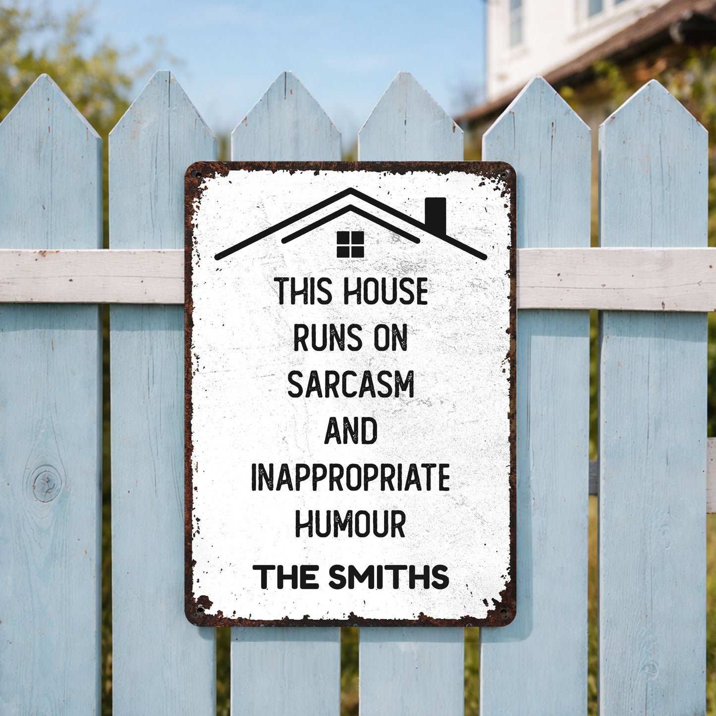 This House Runs On Sarcasm And Inappropriate Humour Family House Outline - Personalized Metal Sign - FAM1008_MSIGN
