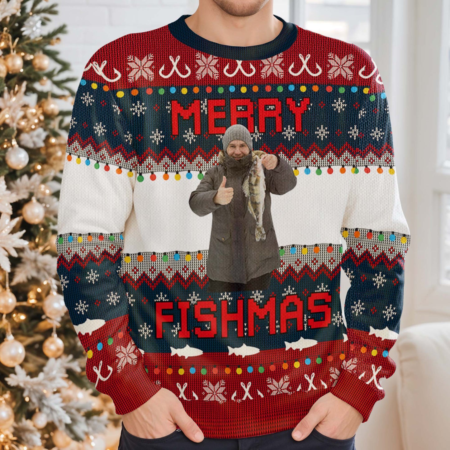 Merry Fishmas Ugly Christmas Sweater With Festive Fish Design