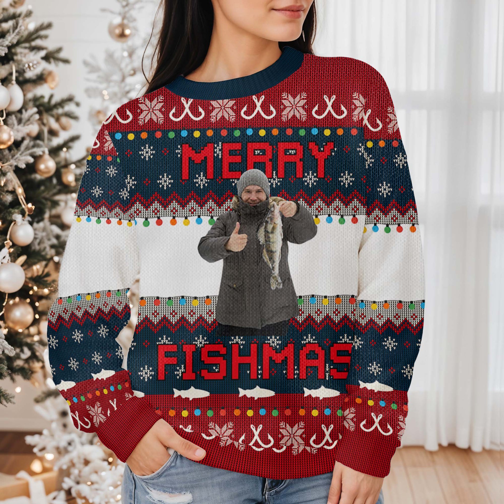 Merry Fishmas Ugly Christmas Sweater With Festive Fish Design