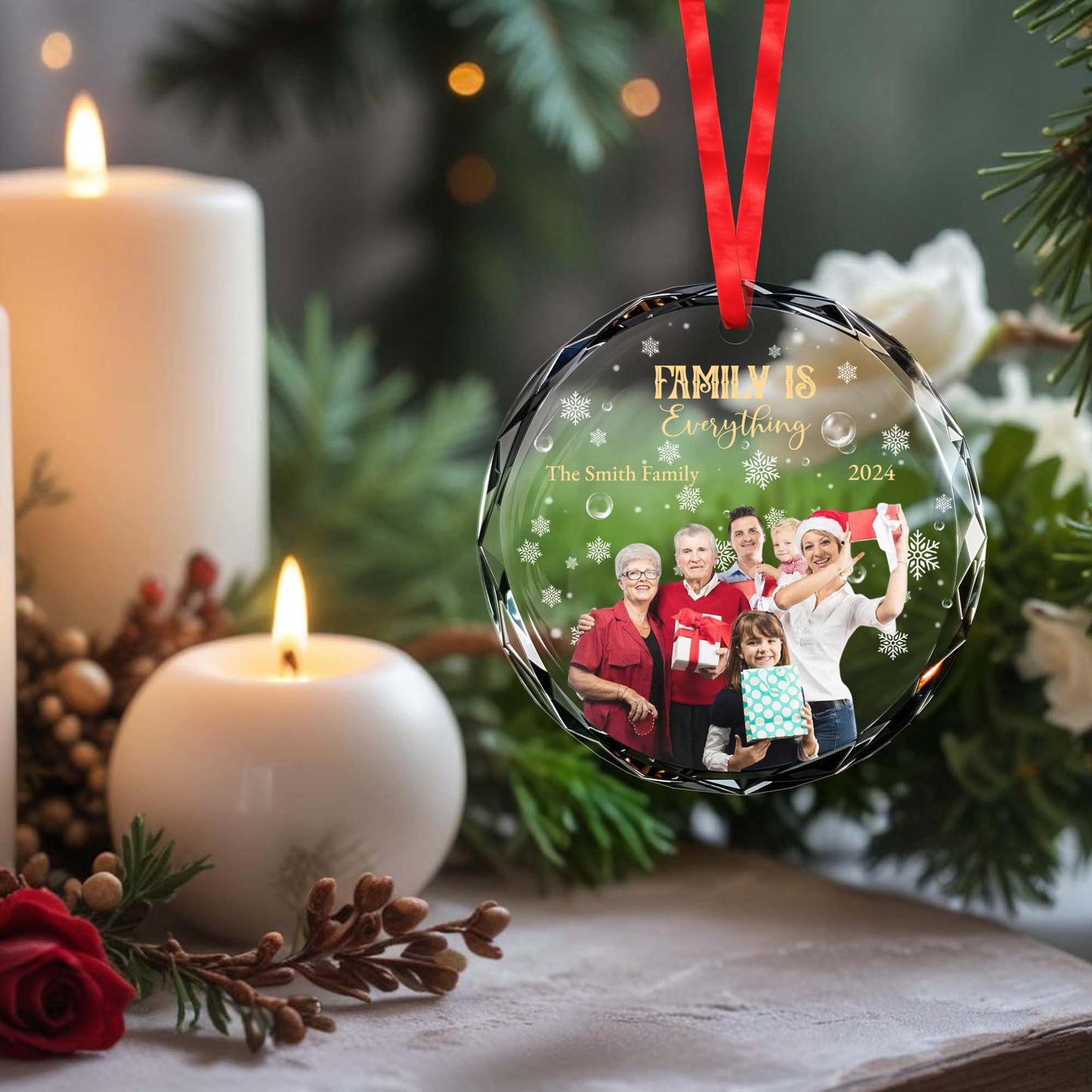 Family Is Everything With Snowflakes Ornament - Personalized Custom Circle Glass Ornament - FAM106_CGOR