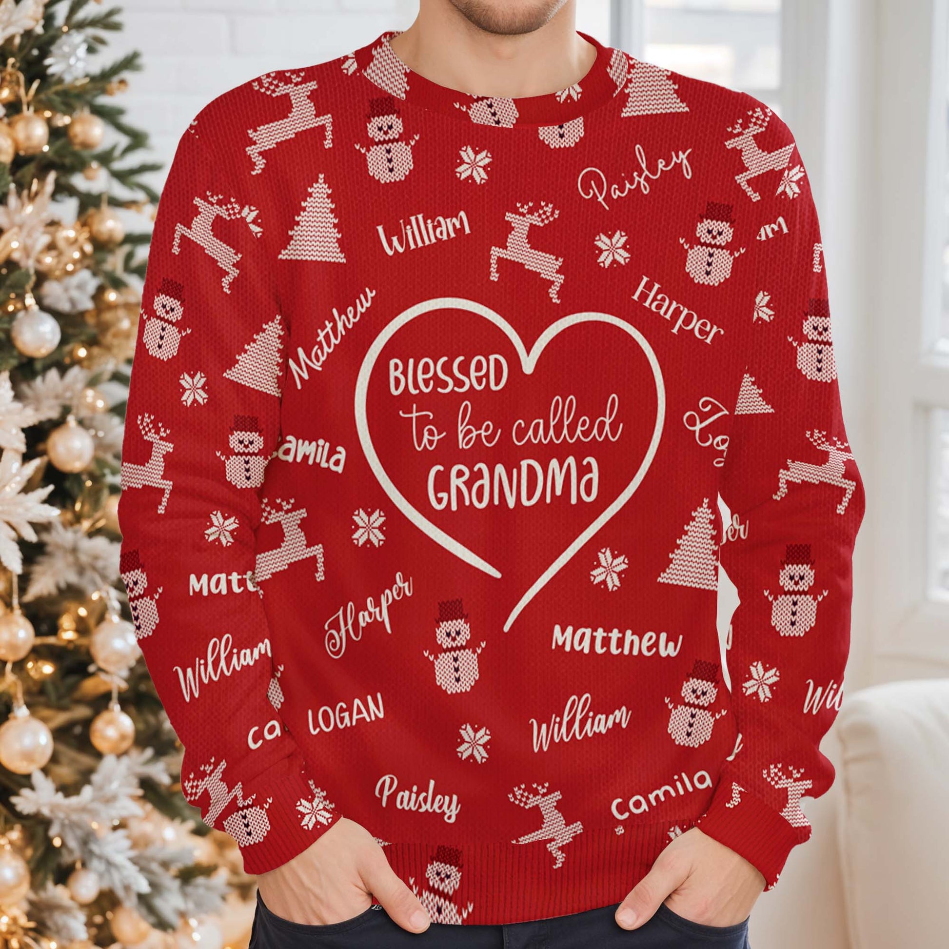 Festive Custom Sweater Featuring Christmas Trees and Reindeer