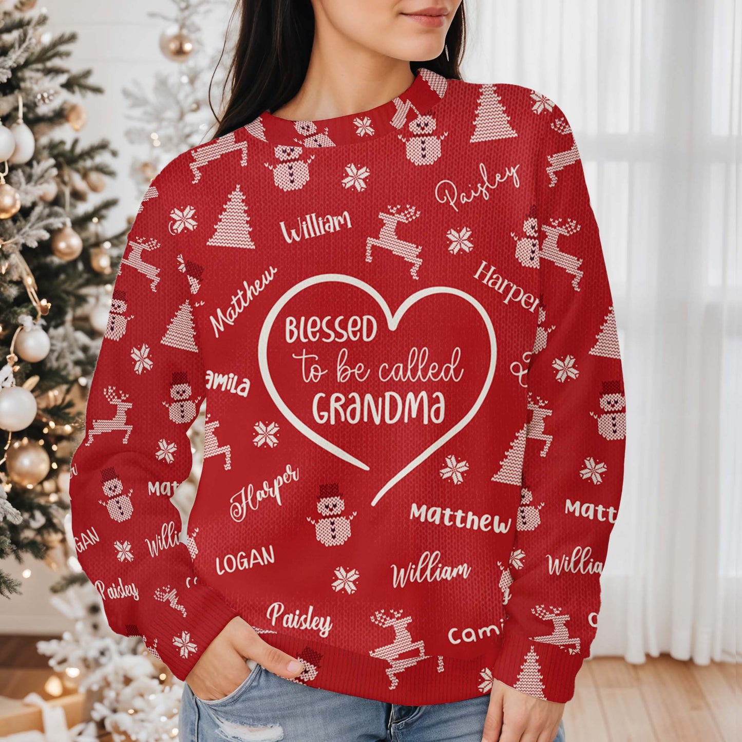 Festive Custom Sweater Featuring Christmas Trees and Reindeer