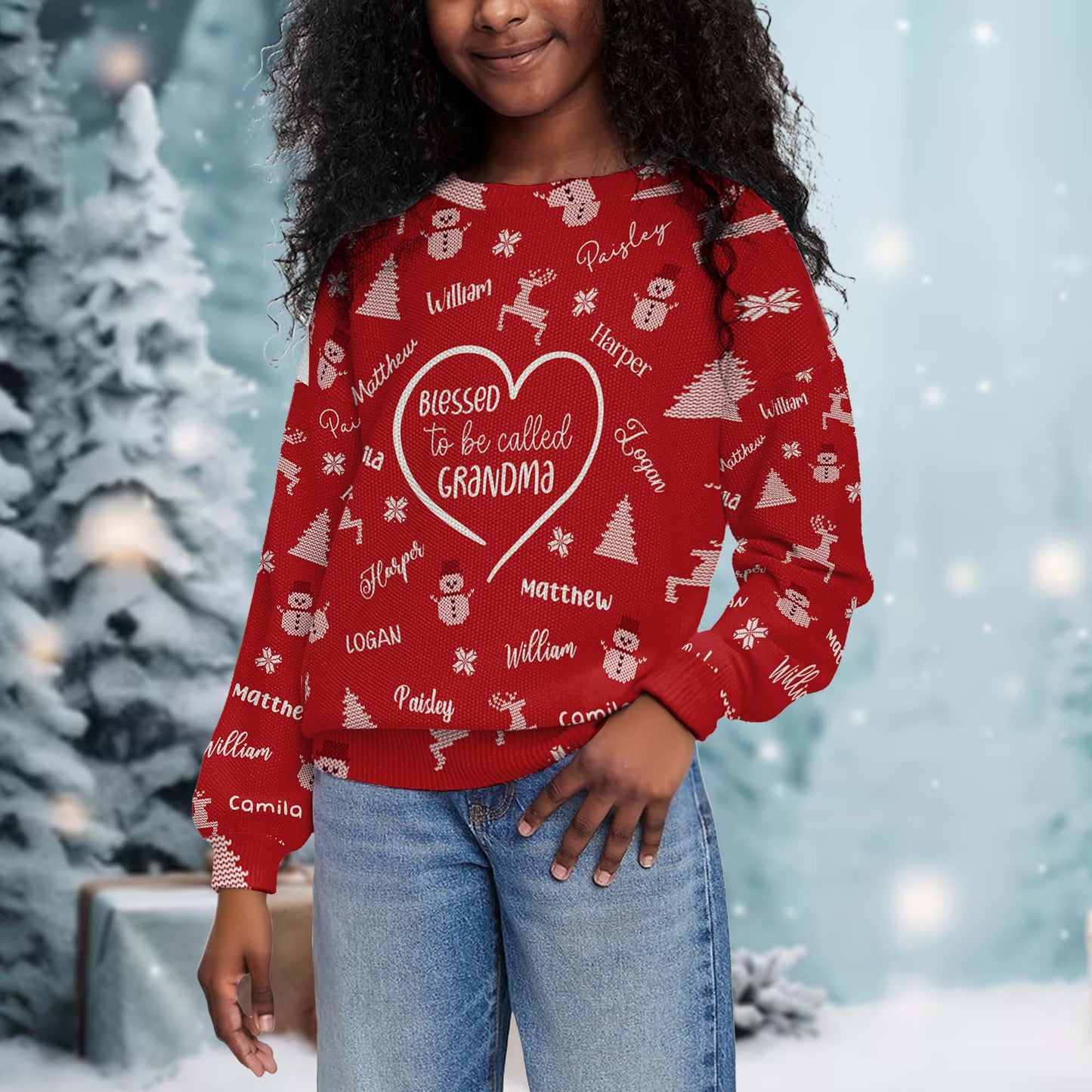 Festive Custom Sweater Featuring Christmas Trees and Reindeer