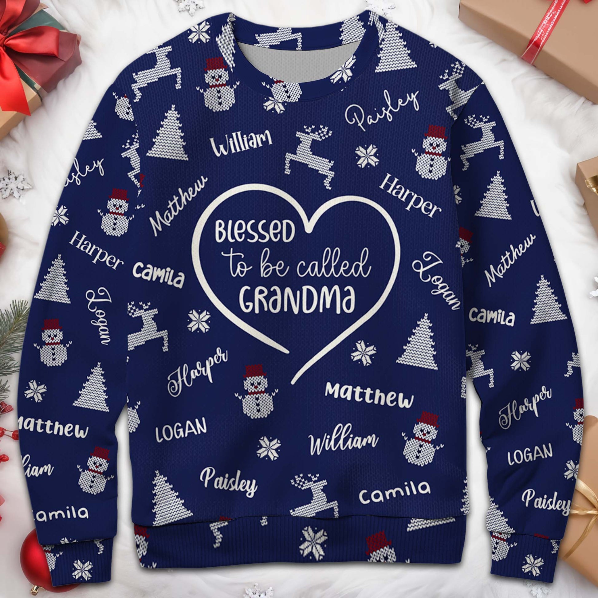 Festive Custom Sweater Featuring Christmas Trees and Reindeer