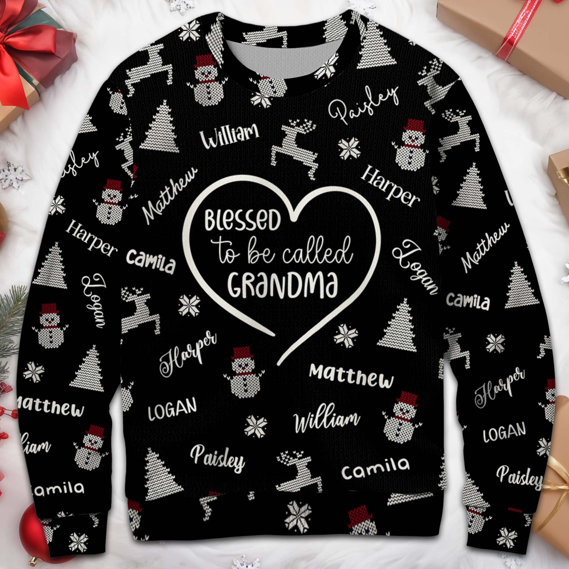 Festive Custom Sweater Featuring Christmas Trees and Reindeer