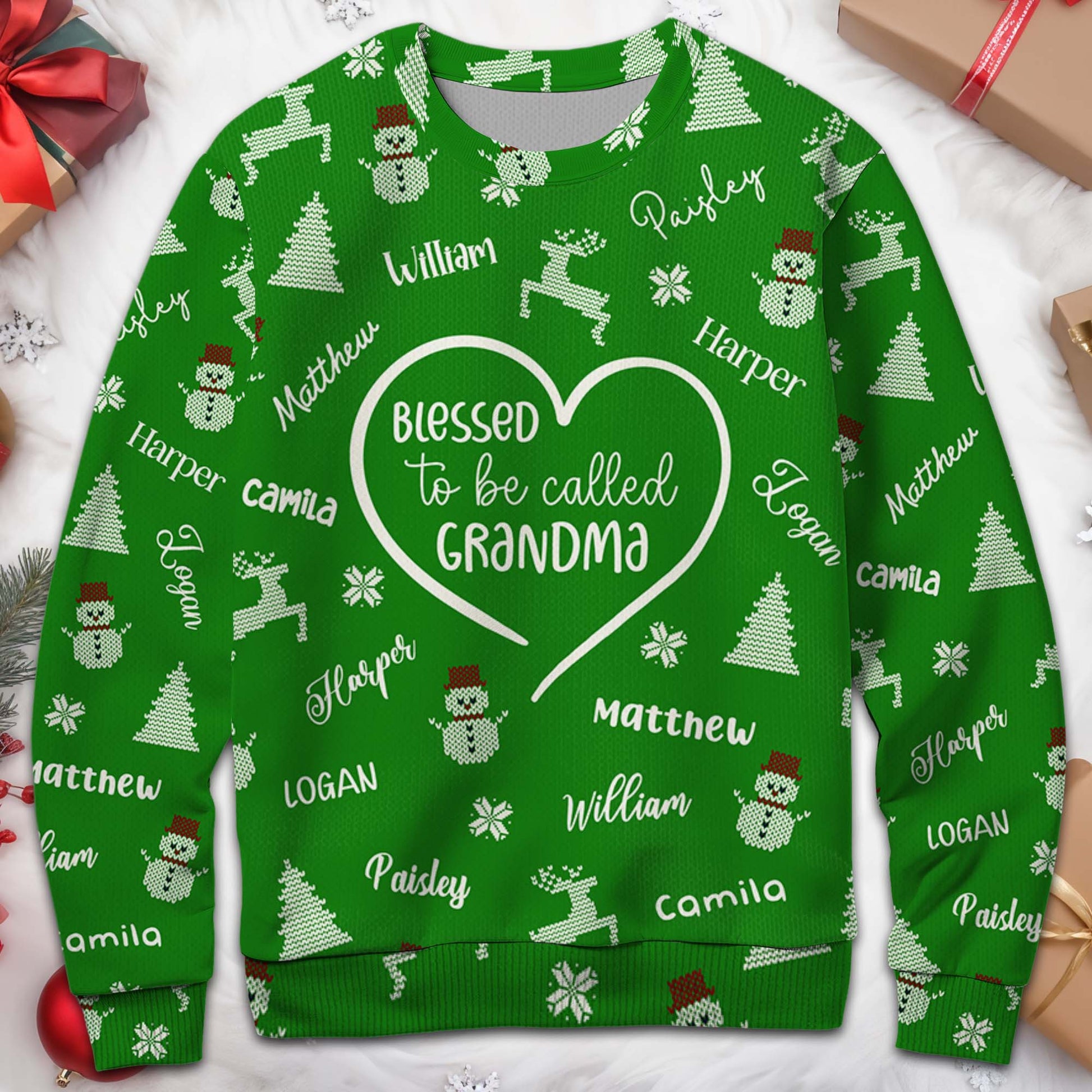 Festive Custom Sweater Featuring Christmas Trees and Reindeer