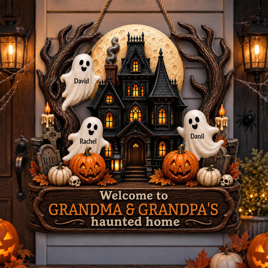 Welcome To Grandma and Grandpa Haunted House Ghosts And Pumpkins - Personalized Custom Shaped Wood Sign - FAM1090_WSIGN