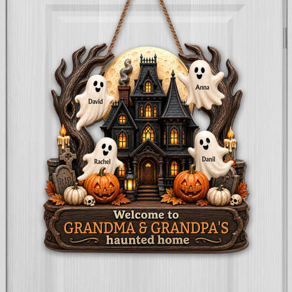 Welcome To Grandma and Grandpa Haunted House Ghosts And Pumpkins - Personalized Custom Shaped Wood Sign - FAM1090_WSIGN