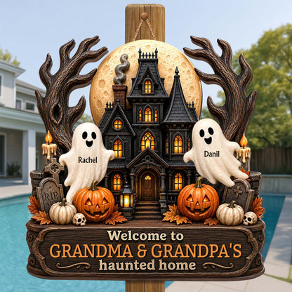 Welcome To Grandma and Grandpa Haunted House Ghosts And Pumpkins - Personalized Custom Shaped Wood Sign - FAM1090_WSIGN