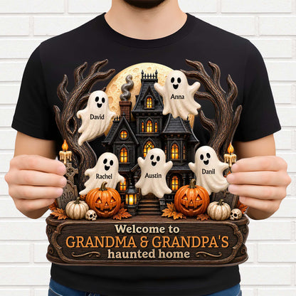 Welcome To Grandma and Grandpa Haunted House Ghosts And Pumpkins - Personalized Custom Shaped Wood Sign - FAM1090_WSIGN
