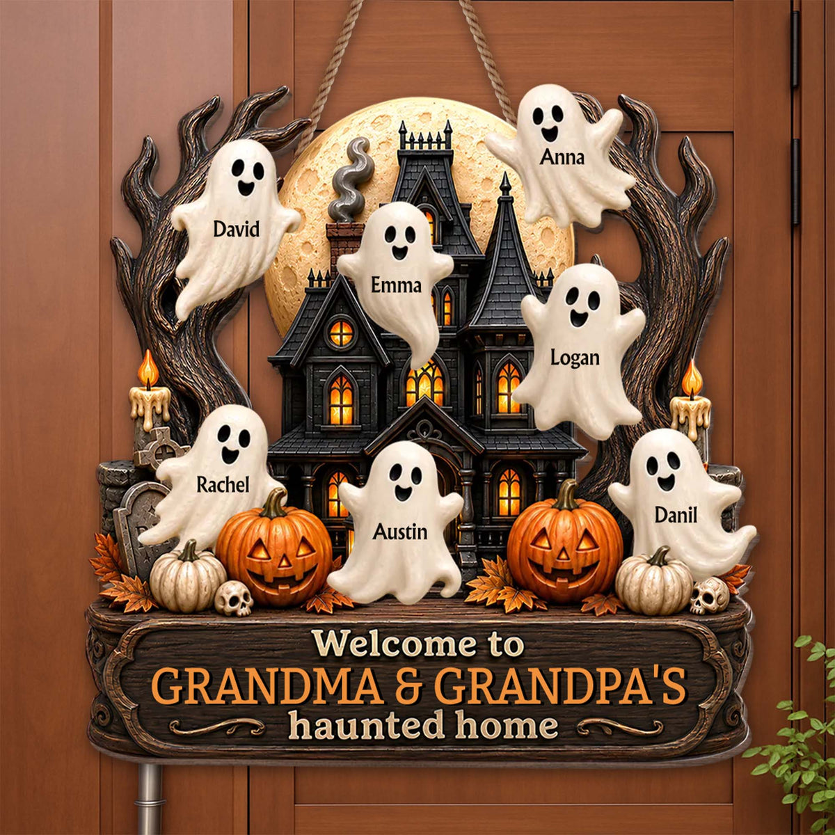 Welcome To Grandma and Grandpa Haunted House Ghosts And Pumpkins - Personalized Custom Shaped Wood Sign - FAM1090_WSIGN