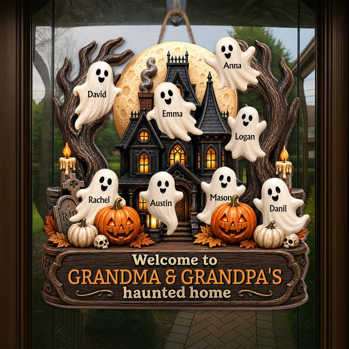 Welcome To Grandma and Grandpa Haunted House Ghosts And Pumpkins - Personalized Custom Shaped Wood Sign - FAM1090_WSIGN