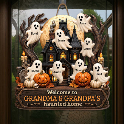 Welcome To Grandma and Grandpa Haunted House Ghosts And Pumpkins - Personalized Custom Shaped Wood Sign - FAM1090_WSIGN