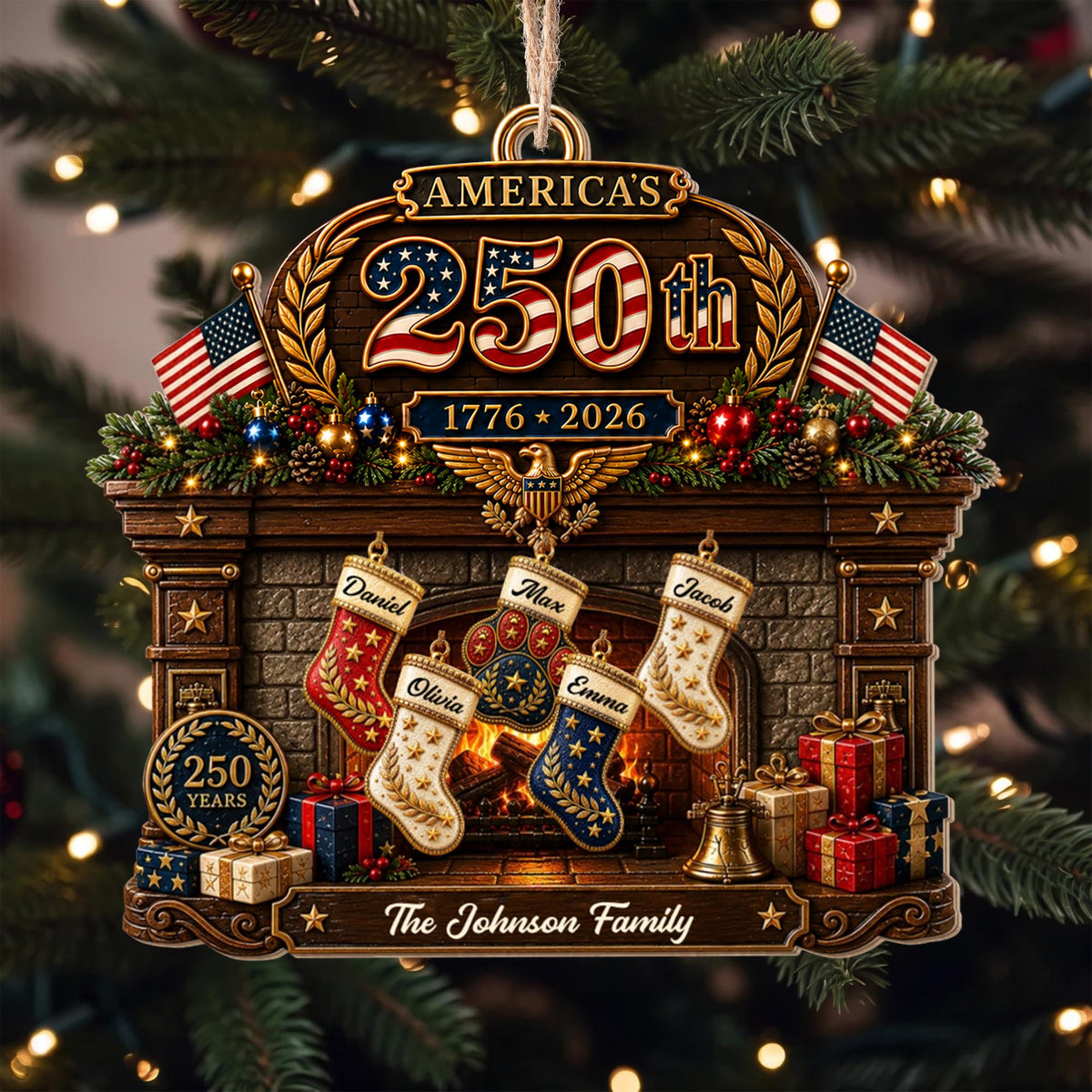 America The Family Patriotic Fireplace Stockings And Flags - Personalized Custom Wood Ornament, Custom Shaped - FAM1134_WDO