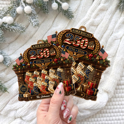 America The Family Patriotic Fireplace Stockings And Flags - Personalized Custom Wood Ornament, Custom Shaped - FAM1134_WDO