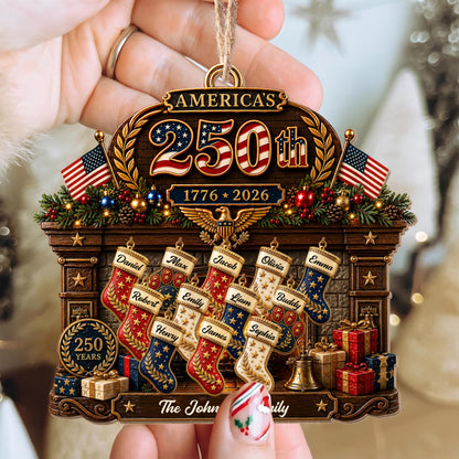 America The Family Patriotic Fireplace Stockings And Flags - Personalized Custom Wood Ornament, Custom Shaped - FAM1134_WDO