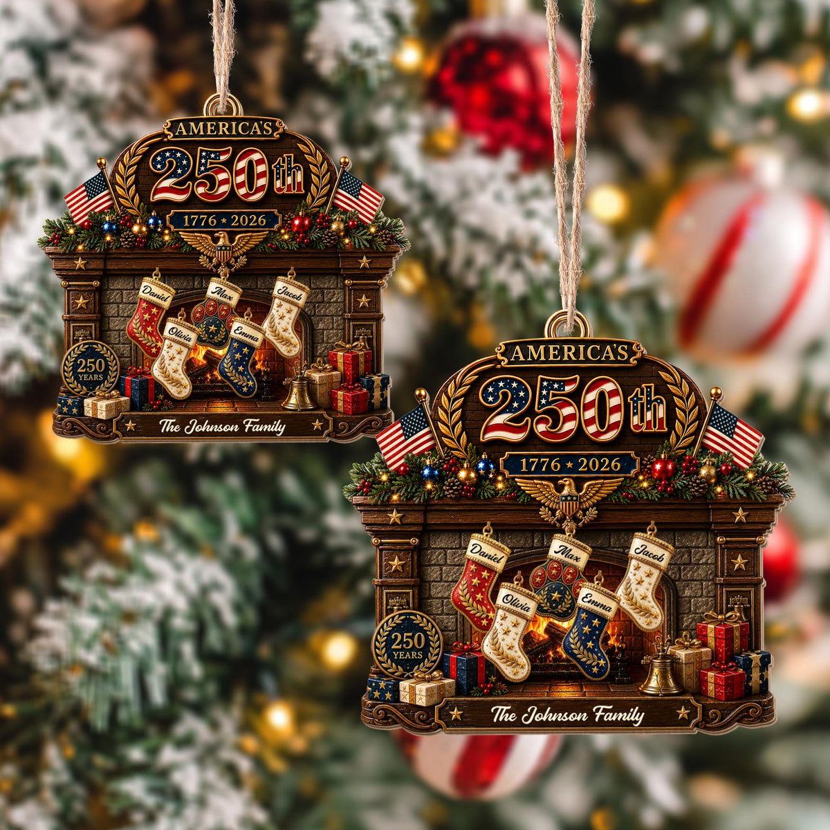 America The Family Patriotic Fireplace Stockings And Flags - Personalized Custom Wood Ornament, Custom Shaped - FAM1134_WDO