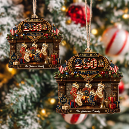 America The Family Patriotic Fireplace Stockings And Flags - Personalized Custom Wood Ornament, Custom Shaped - FAM1134_WDO
