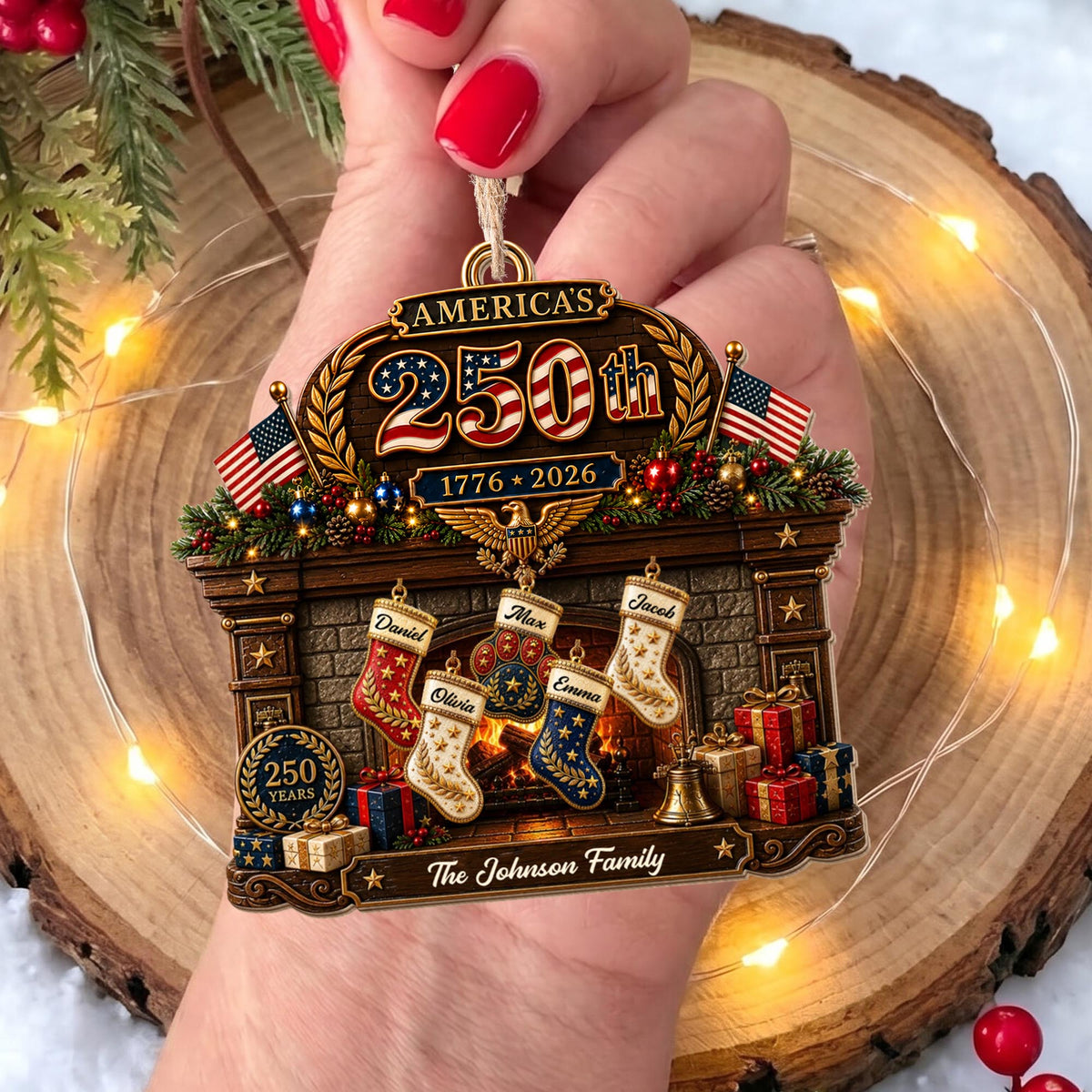 America The Family Patriotic Fireplace Stockings And Flags - Personalized Custom Wood Ornament, Custom Shaped - FAM1134_WDO