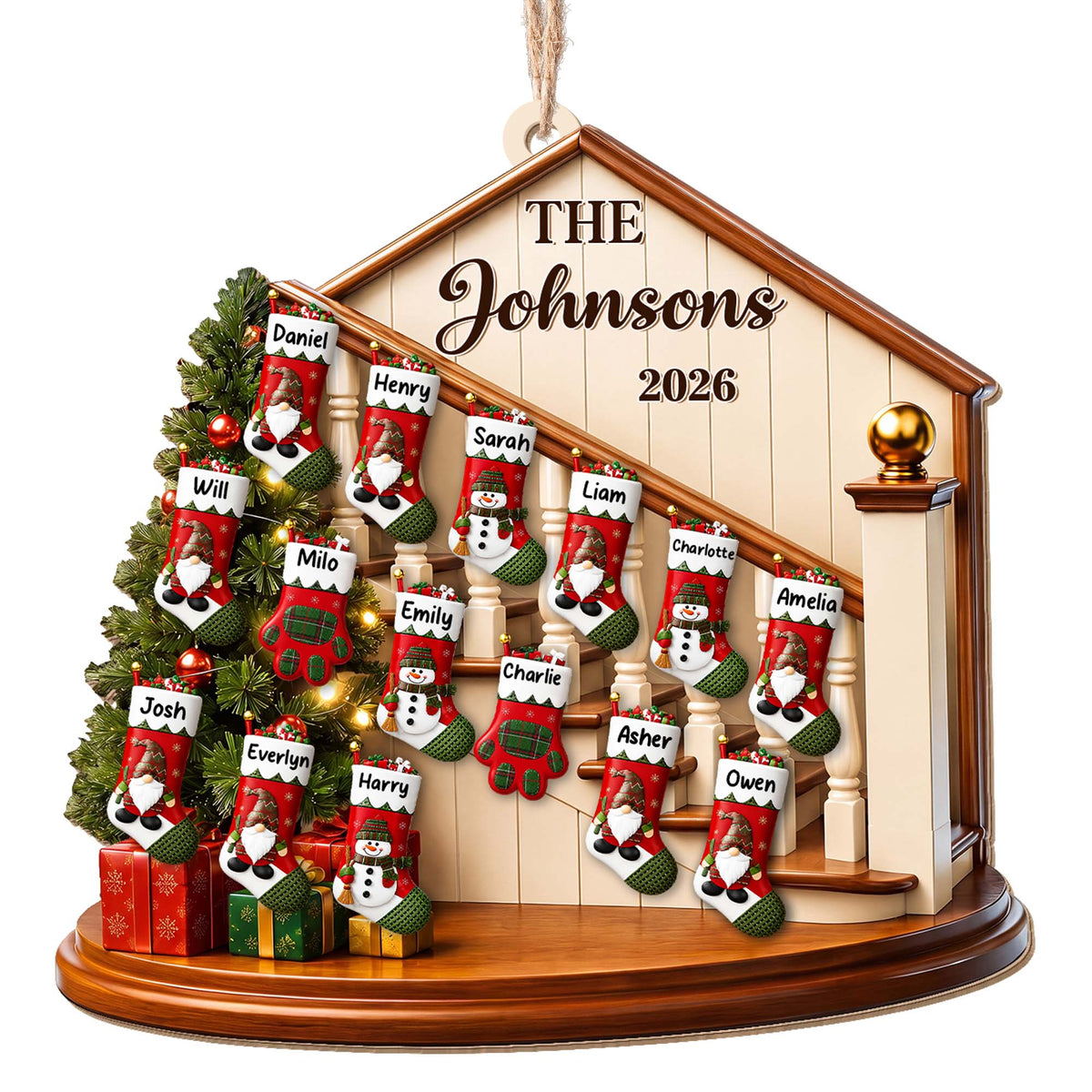 The Family Christmas Home With Stockings And Fireplace - Personalized Custom Wood Ornament, Custom Shaped - FAM1138_WDO
