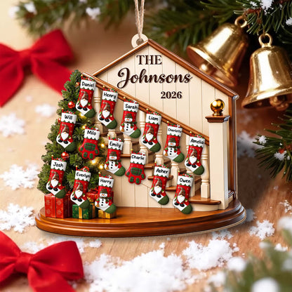 The Family Christmas Home With Stockings And Fireplace - Personalized Custom Wood Ornament, Custom Shaped - FAM1138_WDO