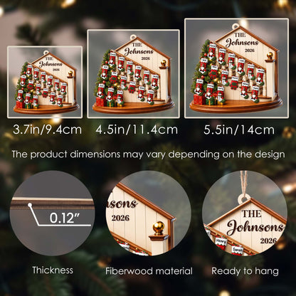The Family Christmas Home With Stockings And Fireplace - Personalized Custom Wood Ornament, Custom Shaped - FAM1138_WDO