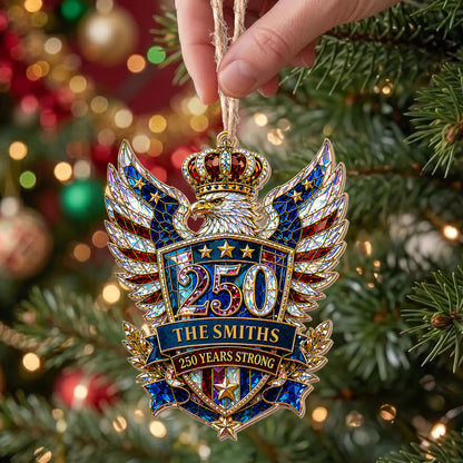 Our Family 250 Years Strong Eagle Shield And Crown - Personalized Custom Wood Ornament, Custom Shaped - FAM1152_WDO