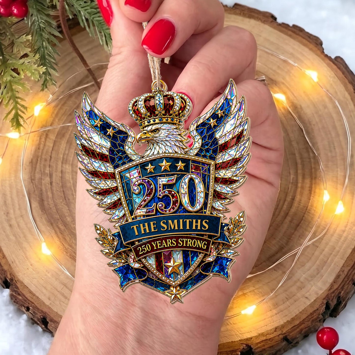 Our Family 250 Years Strong Eagle Shield And Crown - Personalized Custom Wood Ornament, Custom Shaped - FAM1152_WDO