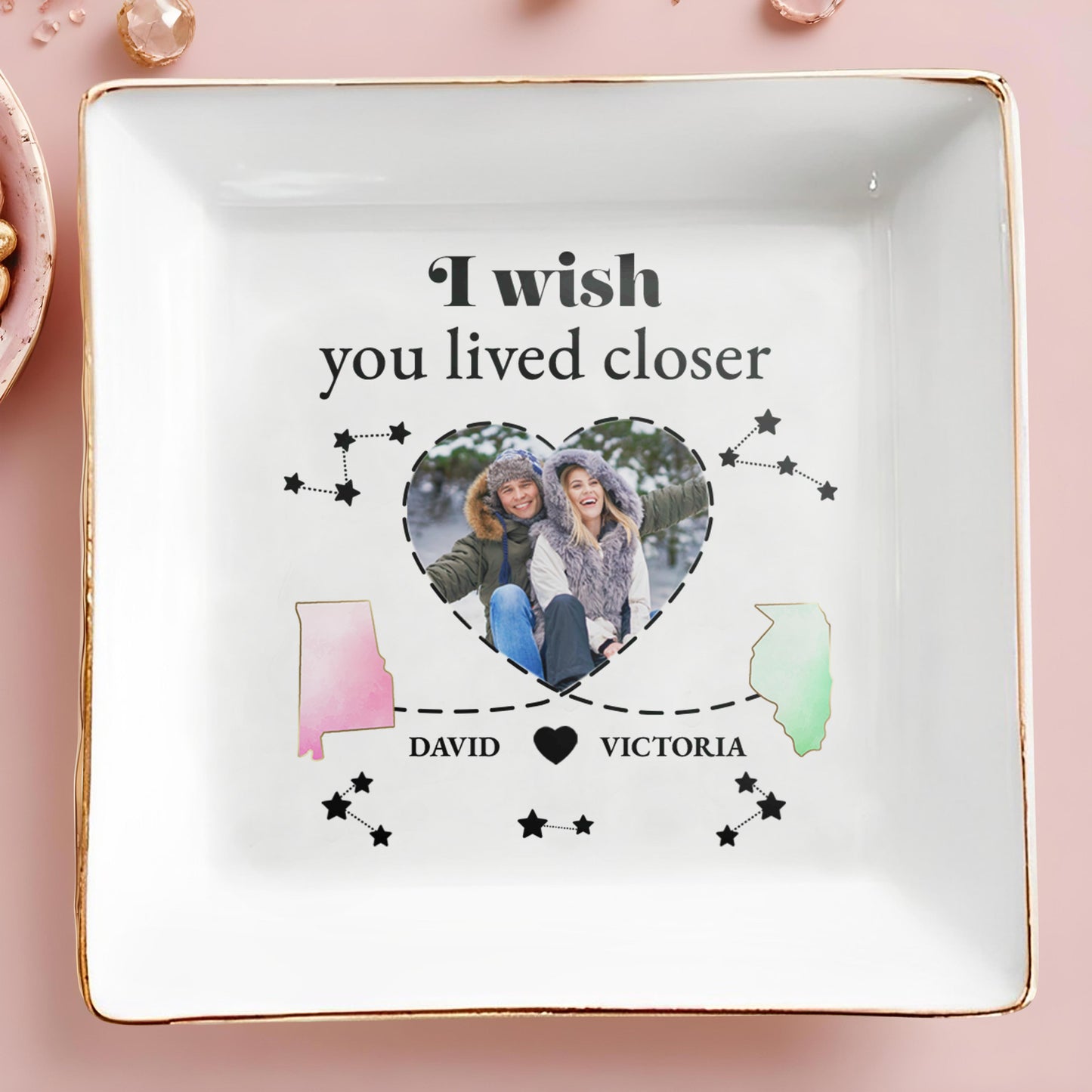 I Wish You Lived Closer Heart and Stars Design - Personalized Custom Jewelry Dish - FAM116_SCRD