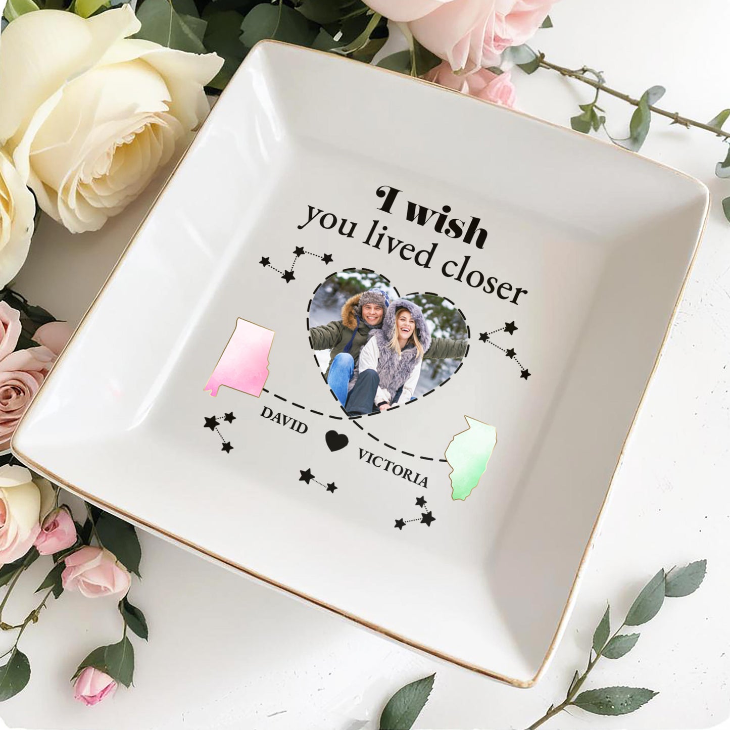 I Wish You Lived Closer Heart and Stars Design - Personalized Custom Jewelry Dish - FAM116_SCRD