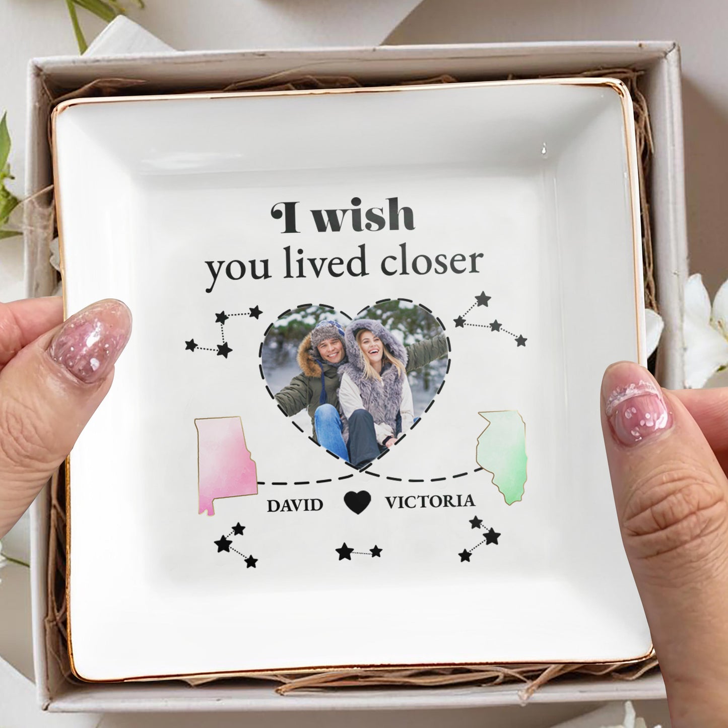 I Wish You Lived Closer Heart and Stars Design - Personalized Custom Jewelry Dish - FAM116_SCRD