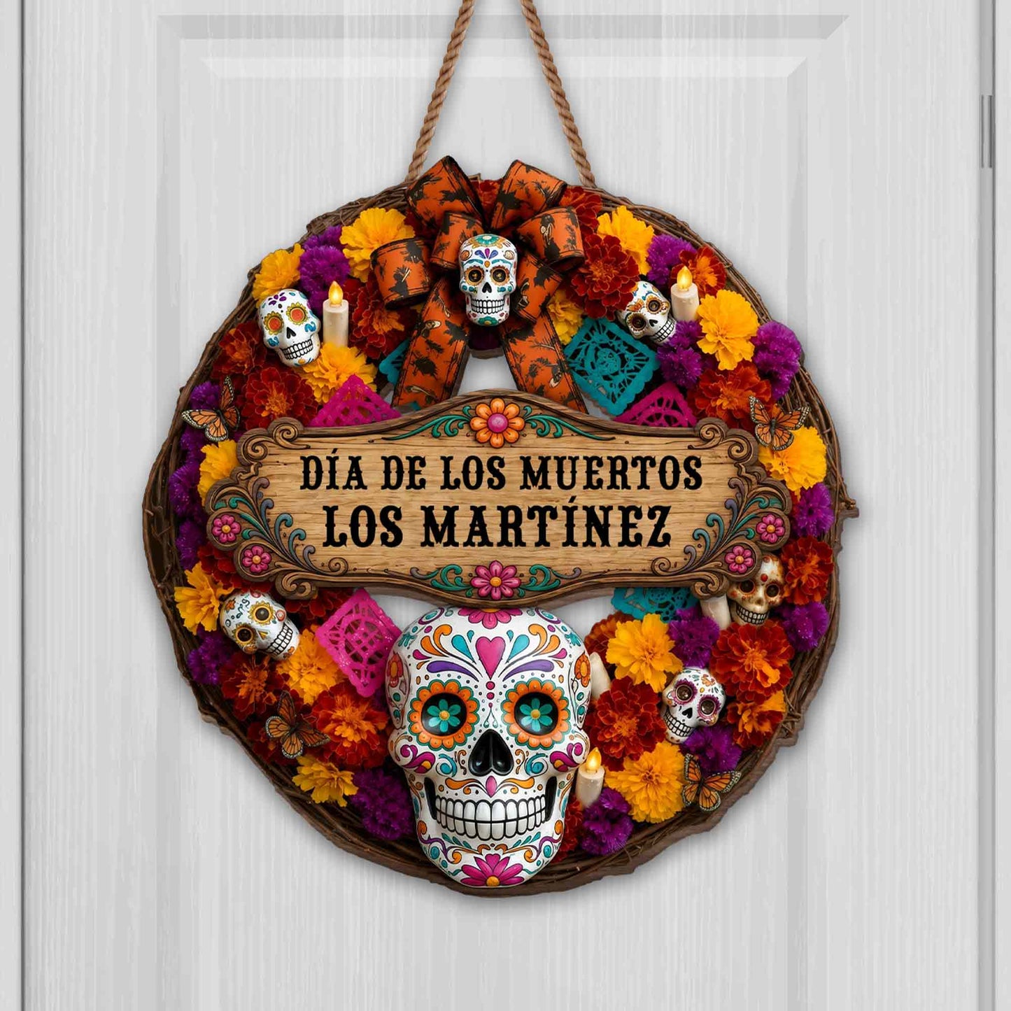Día De Los Muertos Custom Family Name Sugar Skull And Marigold Flower - Personalized Custom Shaped Wood Sign - FAM1184_WSIGN