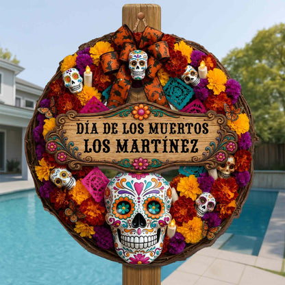 Día De Los Muertos Custom Family Name Sugar Skull And Marigold Flower - Personalized Custom Shaped Wood Sign - FAM1184_WSIGN