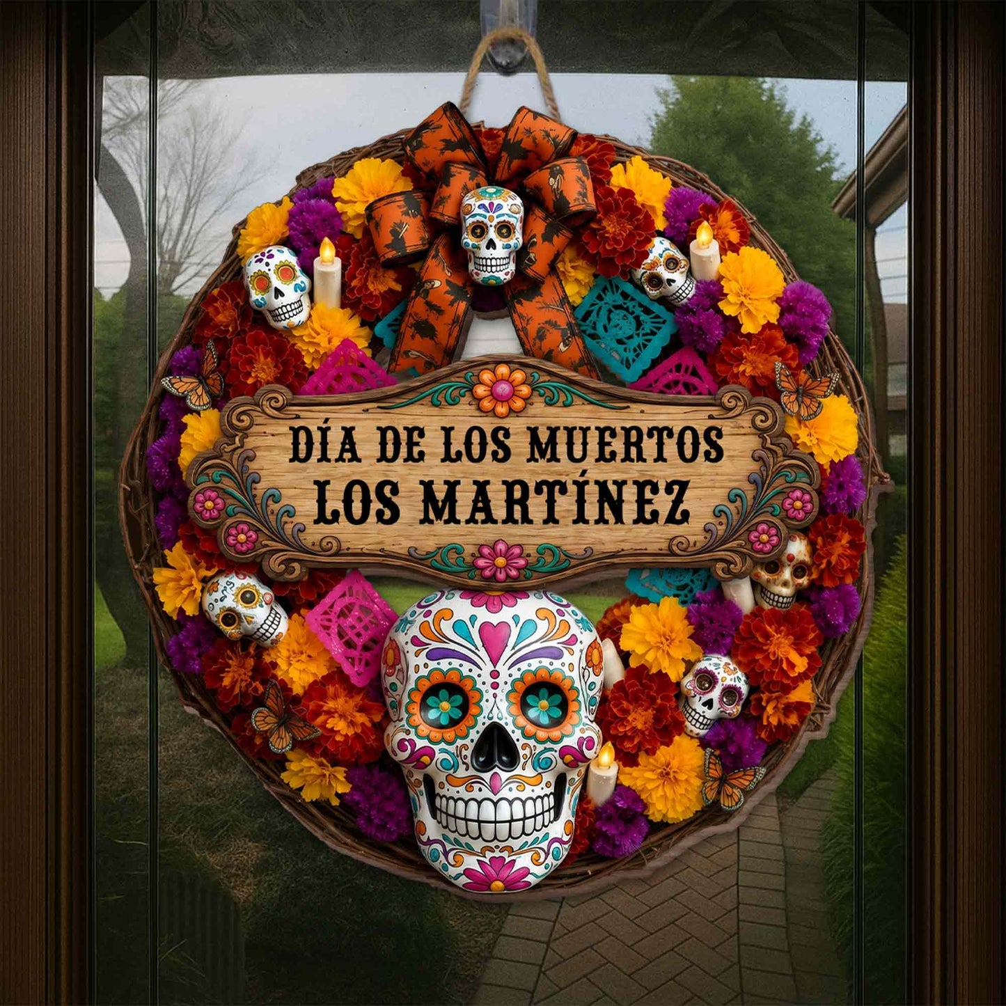 Día De Los Muertos Custom Family Name Sugar Skull And Marigold Flower - Personalized Custom Shaped Wood Sign - FAM1184_WSIGN