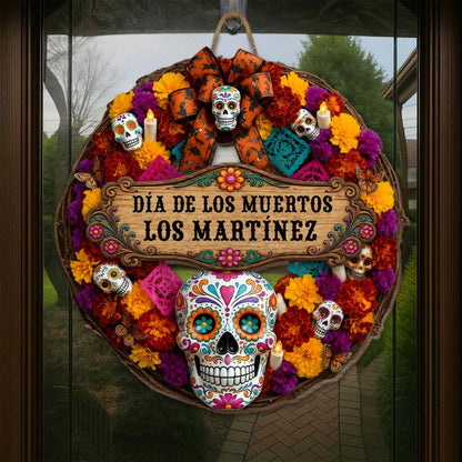 Día De Los Muertos Custom Family Name Sugar Skull And Marigold Flower - Personalized Custom Shaped Wood Sign - FAM1184_WSIGN